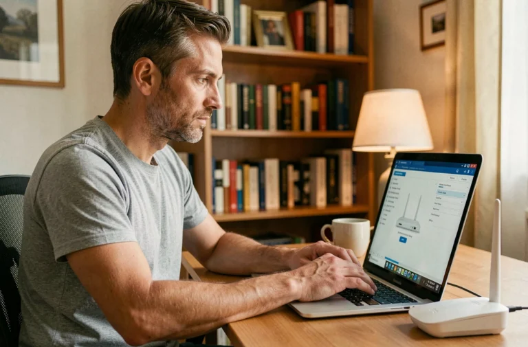 Homme accédant à l'interface d'administration de sa box internet depuis un bureau à domicile