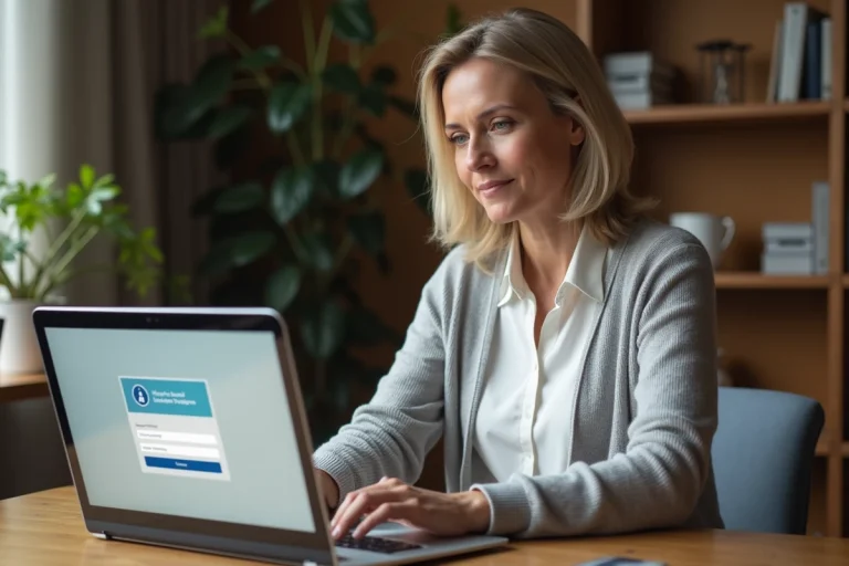 Femme médecin accédant à la messagerie Zimbra CHU Reims depuis son bureau à domicile sur un ordinateur portable