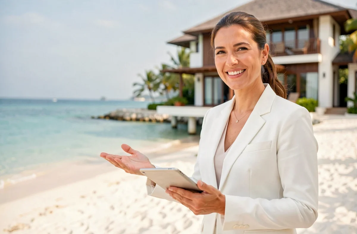 Agent immobilière présentant une propriété en bord de mer à Koh Samui pour des investisseurs étrangers