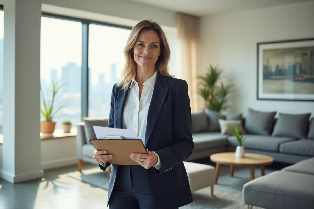 Agent immobilière présentant un appartement moderne à louer avec des documents de location à la main