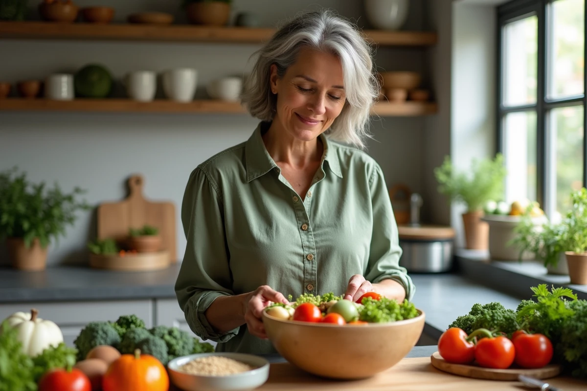 Femme préparant un repas sain et équilibré dans une cuisine moderne, symbolisant l'alimentation comme pilier du bien-être et de la santé
