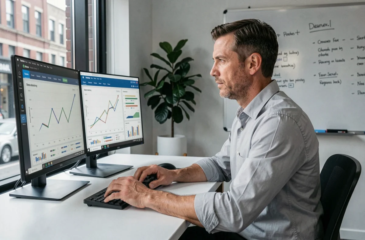 Homme d'affaires concentré analysant des tableaux de bord de performance et des graphiques financiers sur deux écrans dans un bureau moderne