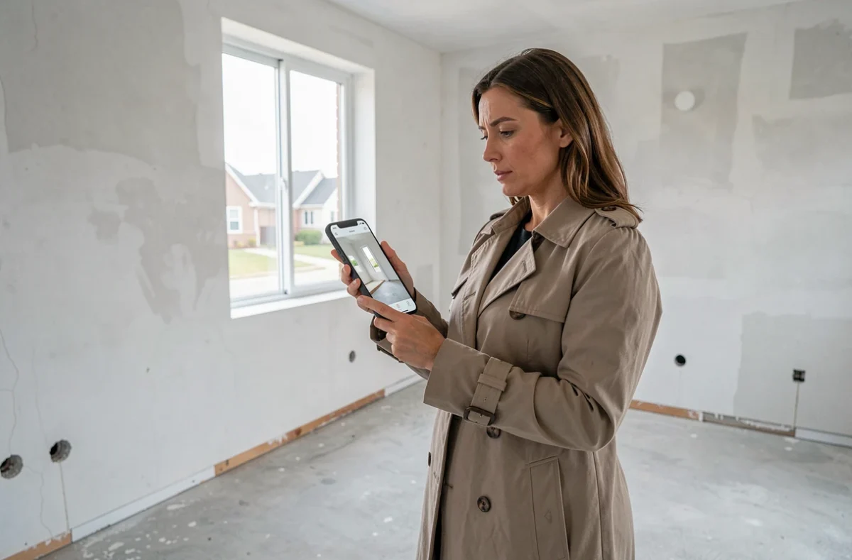 Femme comparant la réalité d'un appartement VEFA livré avec les plans initiaux sur son téléphone