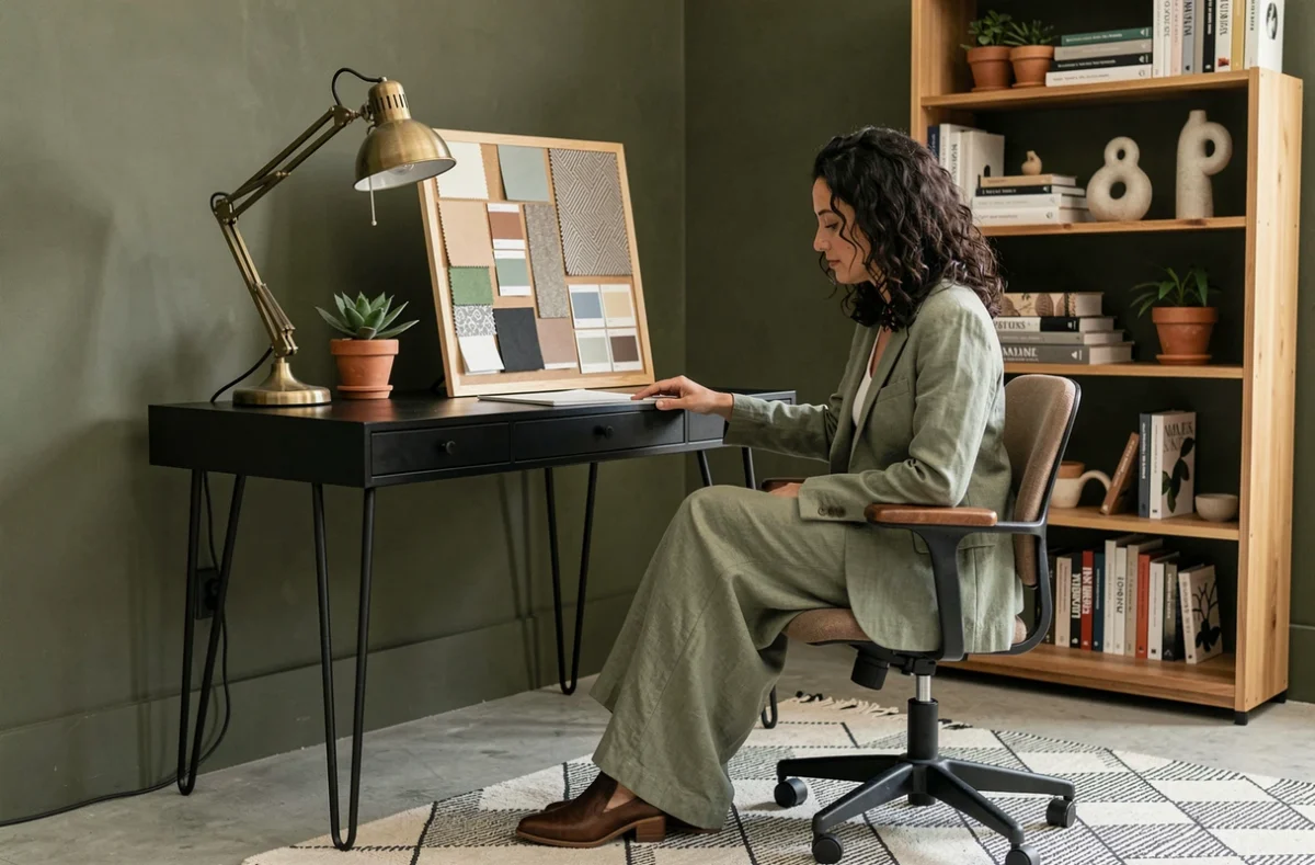 Femme décoratrice dans un bureau à domicile moderne avec étagères en bois, plantes en terre cuite et mur vert olive