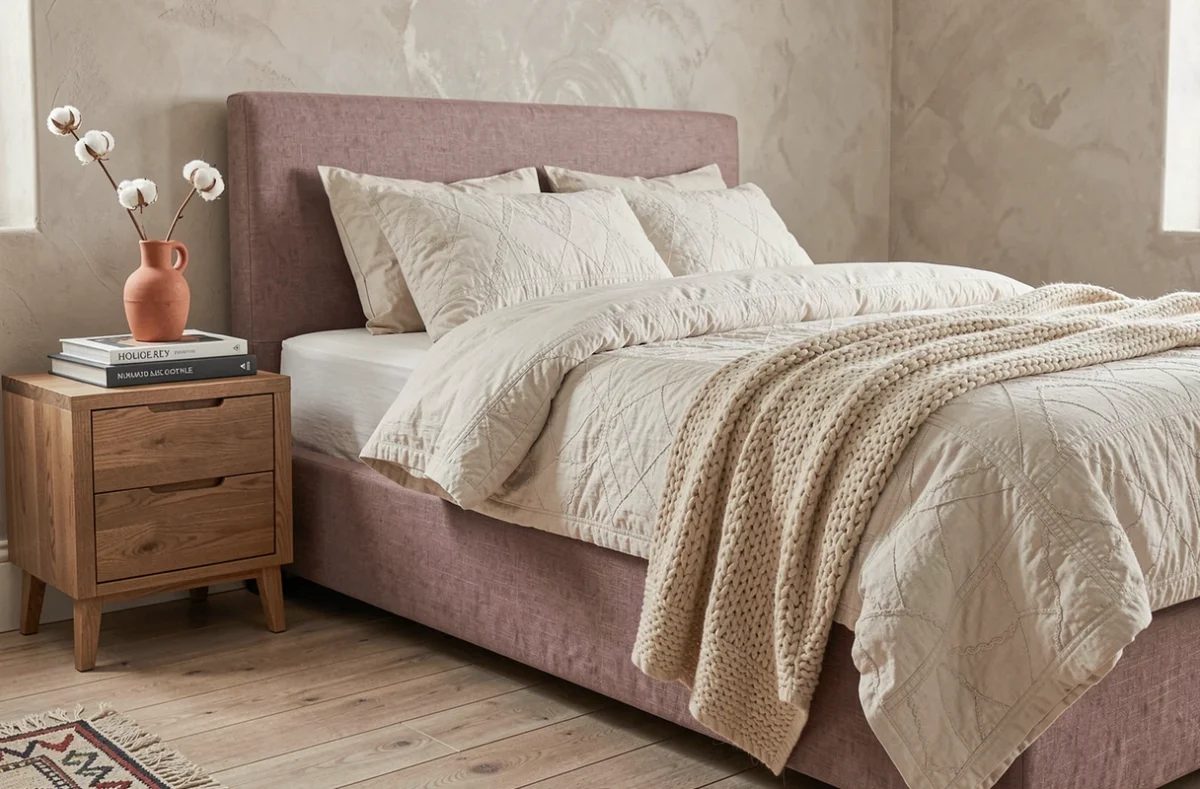 Chambre cosy avec tête de lit en lin mauve, couette matelassée, mur en enduit à la chaux et tapis berbère Beni Ourain
