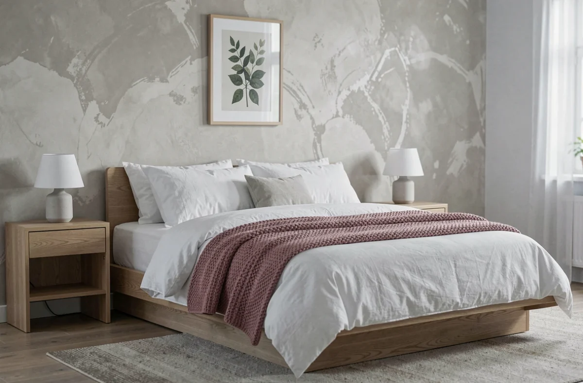 Chambre scandinave tendance 2024 avec lit plateforme en chêne, literie en lin blanc et mur en stuc chaux gris beige