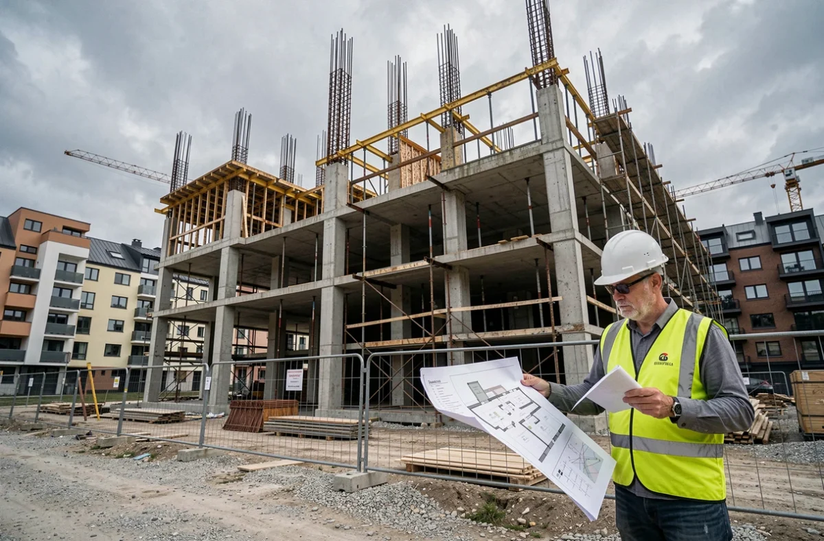 Chantier de construction d'un immeuble résidentiel en VEFA avec ossature béton visible