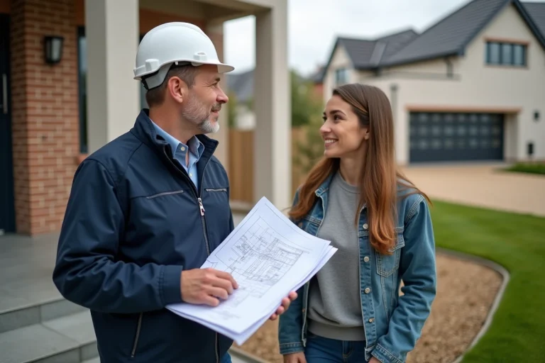 Chef de chantier avec plans devant maison neuve