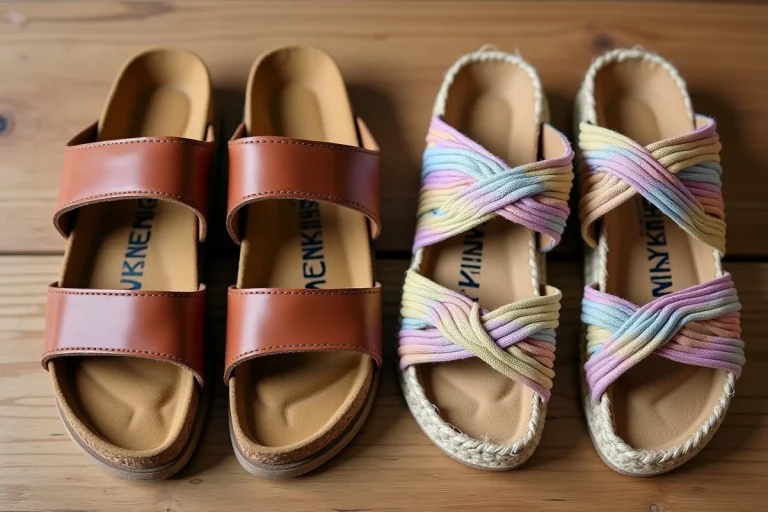 Comparaison côte à côte de sandales Bayton et Birkenstock sur fond en bois naturel, vue de dessus