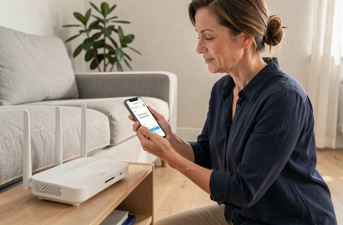 Femme configurant l'accès sécurisé à sa box internet via smartphone dans un salon moderne