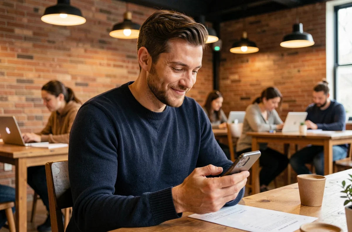 Un homme consultant un message d'un rédacteur web professionnel sur son smartphone dans un espace de coworking