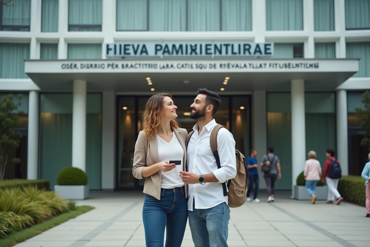 Couple d'expatriés français devant un hôpital international avec leur carte d'assurance santé