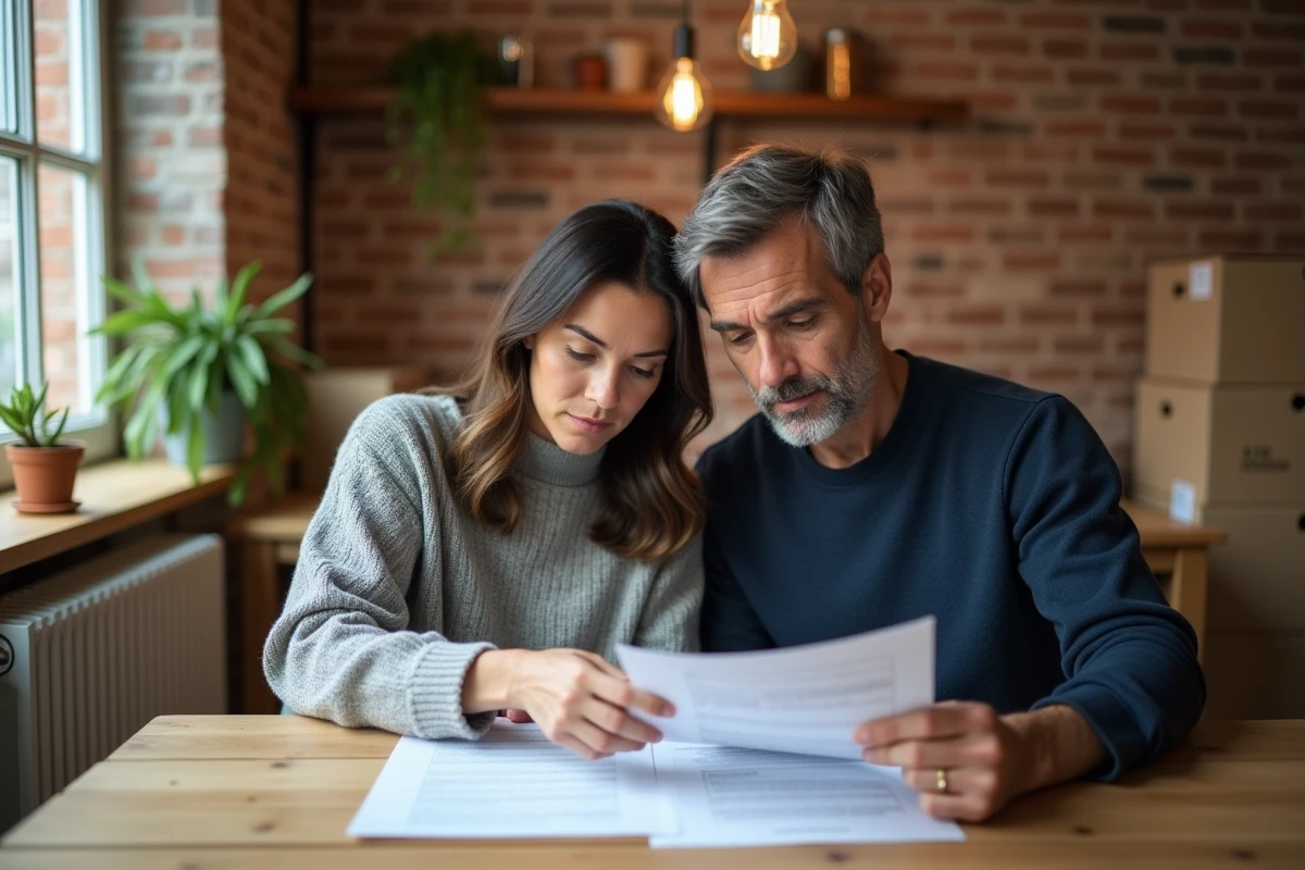Couple de locataires lisant attentivement un contrat de location immobilière à la maison