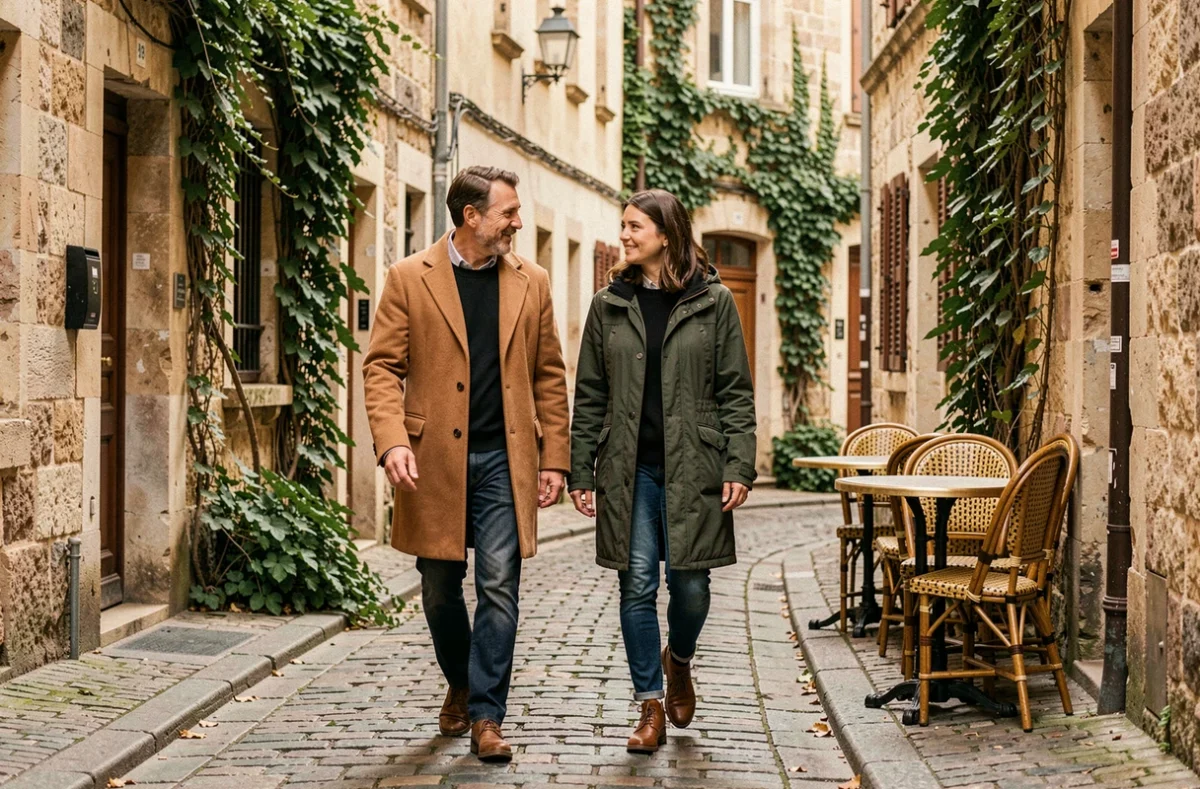 Couple se promenant naturellement dans une rue pavée d'un quartier historique européen en automne