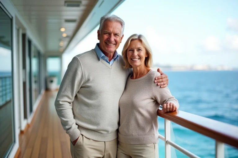 Couple senior souriant sur le pont d'un navire de croisiere
