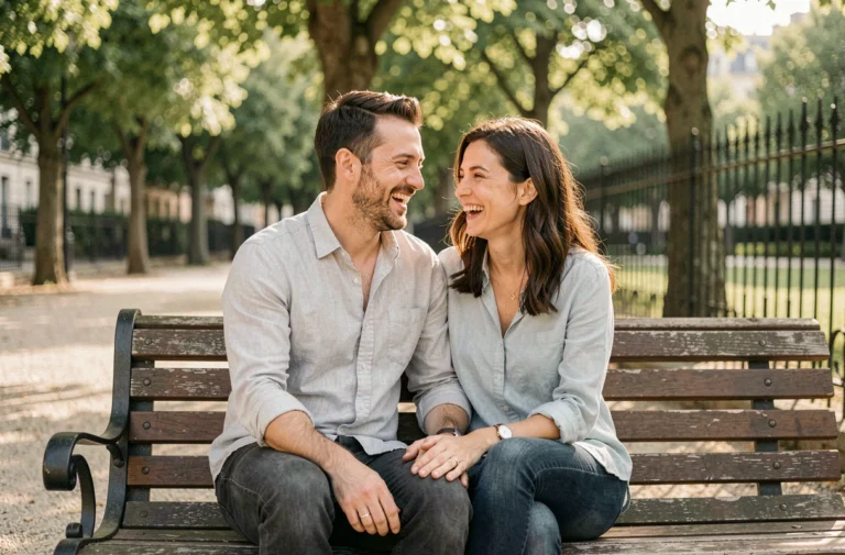 Couple complice assis sur un banc dans un parc urbain parisien, partageant un moment intime et authentique