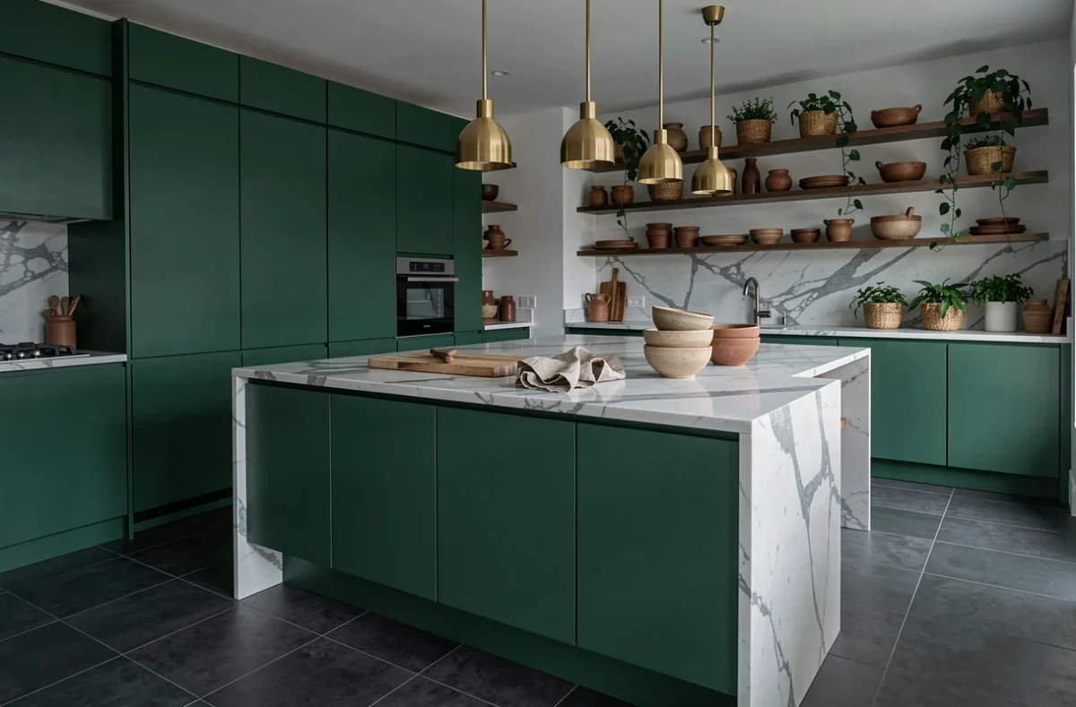 Cuisine contemporaine avec armoires vert forêt, plan de travail en marbre Calacatta et poterie artisanale sur étagères ouvertes
