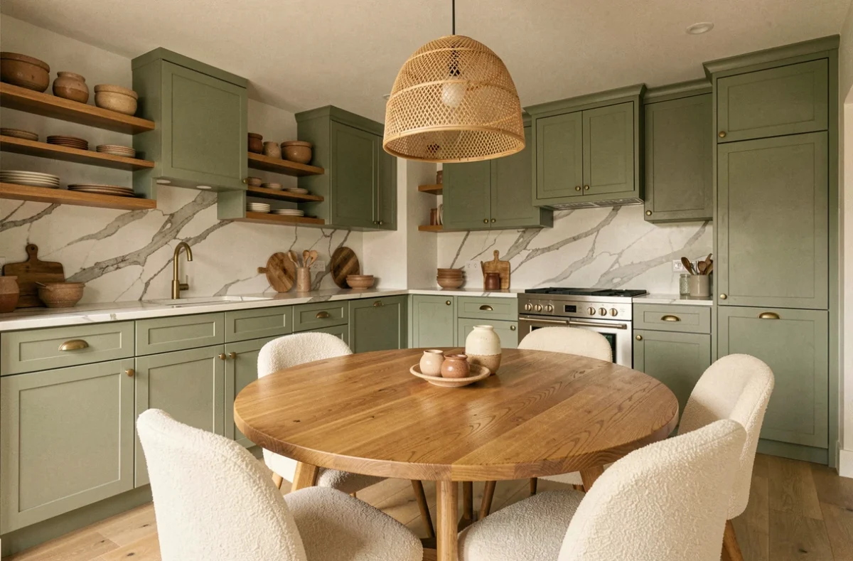 Cuisine ouverte tendance 2024 avec façades vert sauge, plan de travail en marbre et table ronde en chêne entourée de chaises en bouclé ivoire