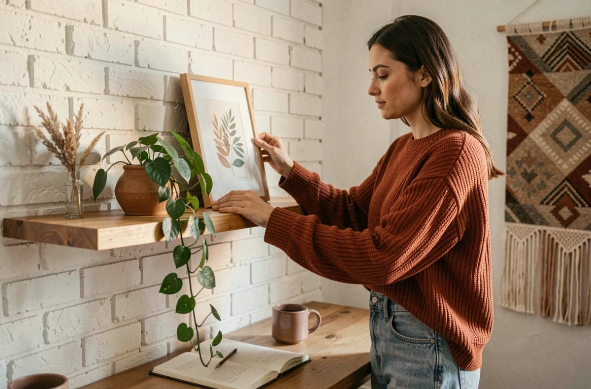 Femme décorant une étagère murale avec des objets tendance dans un bureau à domicile cosy