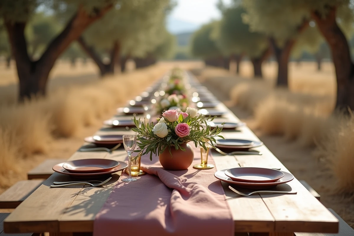 Table de réception de mariage en plein air dans une oliveraie provençale avec vaisselle artisanale en céramique terracotta, couverts en laiton et compositions florales de roses et renoncules
