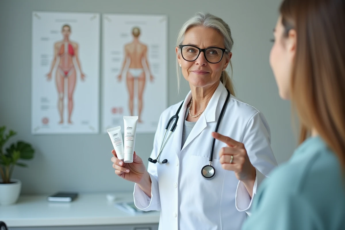 Dermatologue en consultation présentant des crèmes de soin recommandées à sa patiente
