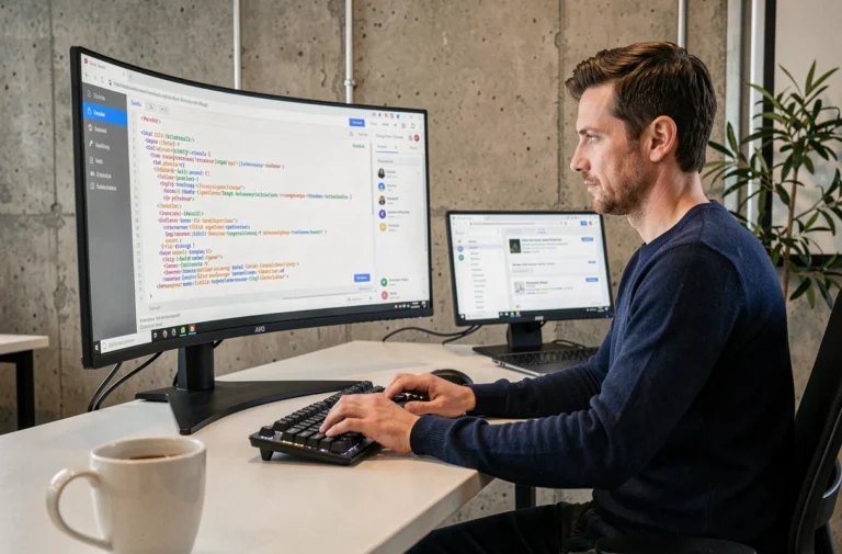 Développeur web travaillant sur la structure d'un sitemap pour un site automobile devant un écran affichant une hiérarchie de pages XML