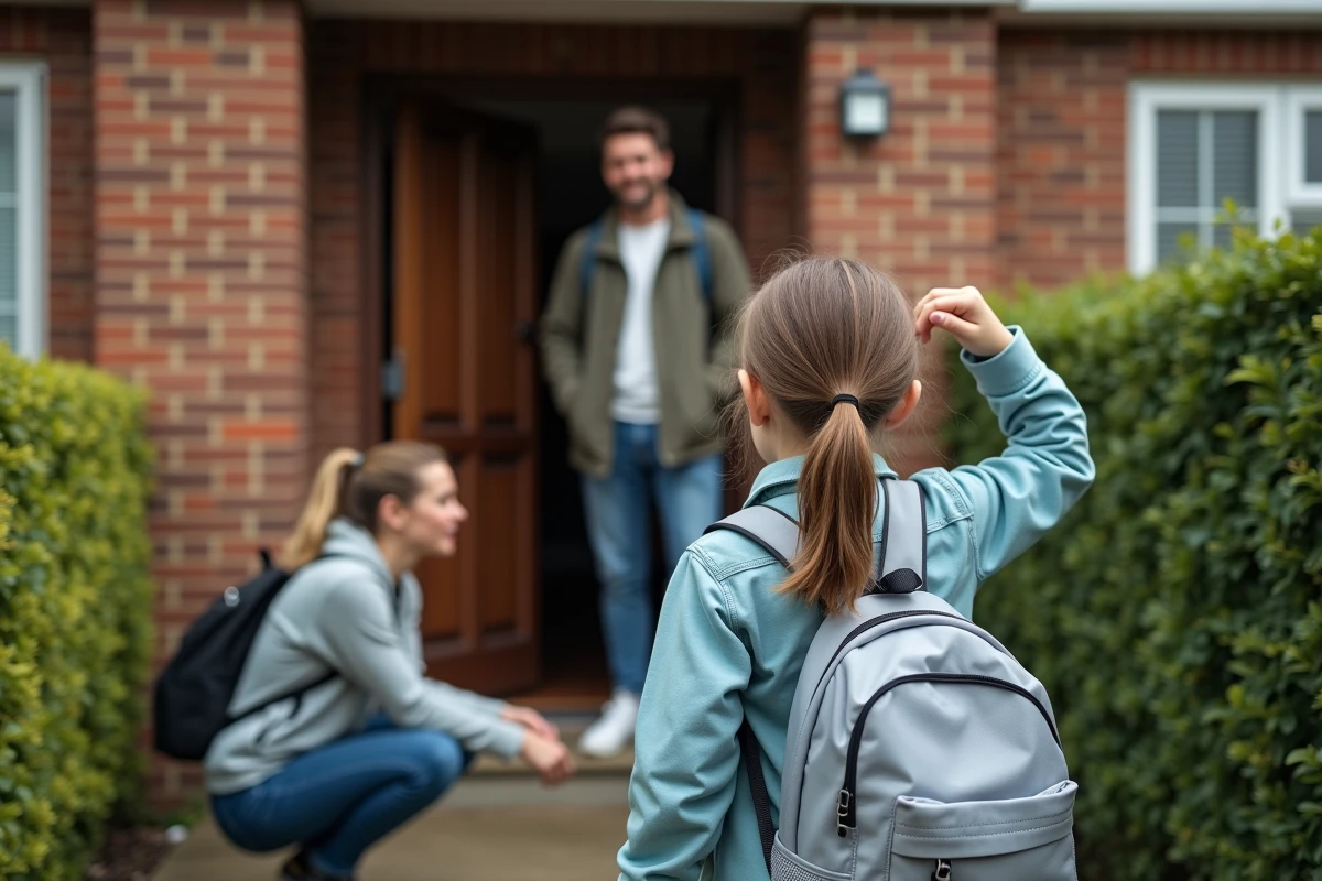 Une mère et un père séparés échangeant leur enfant à la porte de la maison familiale, symbolisant la coparentalité et la protection de l'enfant