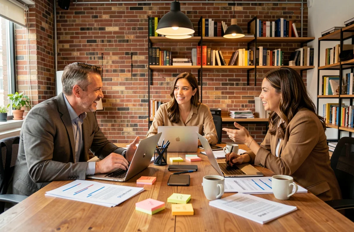 Équipe professionnelle diverse en réunion stratégique autour d'une table de conférence avec documents et ordinateurs portables
