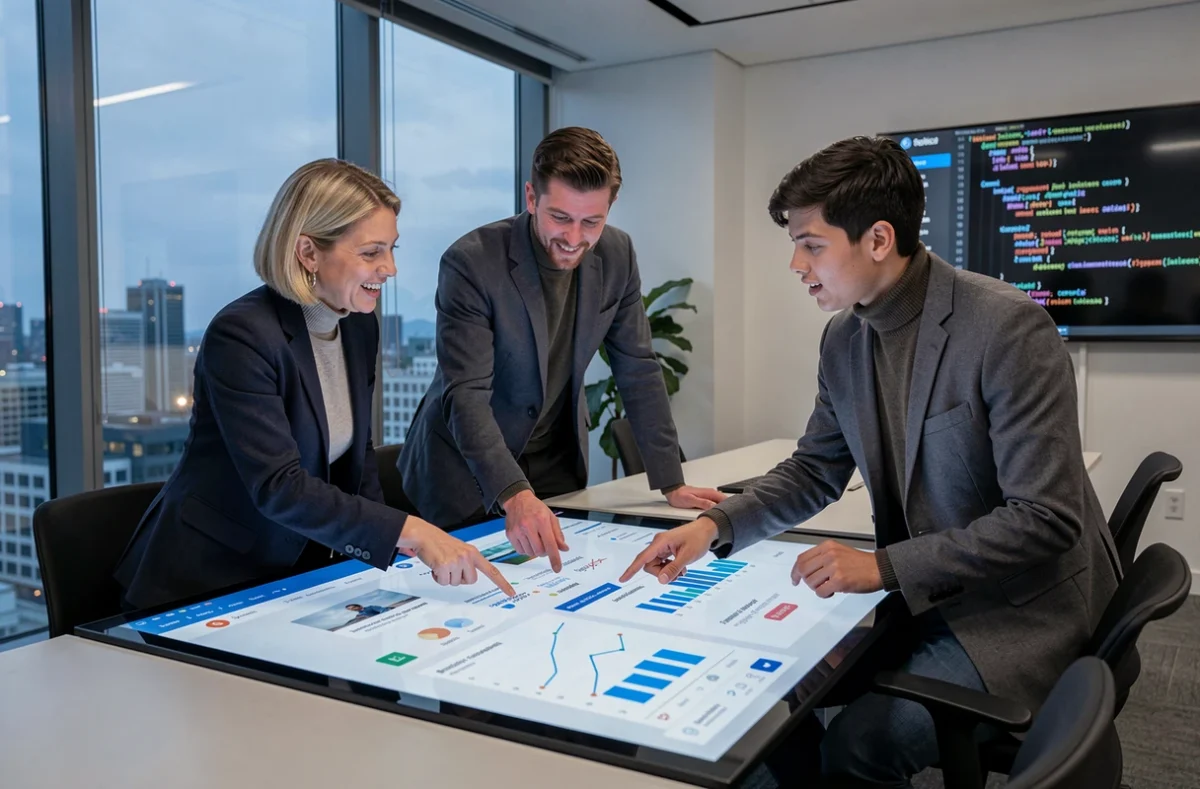 Équipe pluridisciplinaire discutant des dernières tendances web autour d'une table interactive en agence digitale
