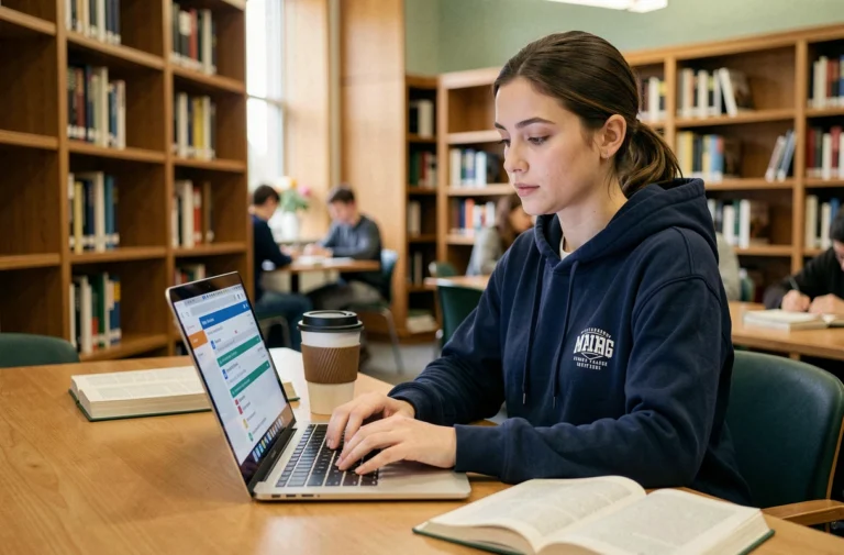 Étudiante connectée à sa messagerie universitaire Zimbra sur un ordinateur portable dans une bibliothèque universitaire moderne