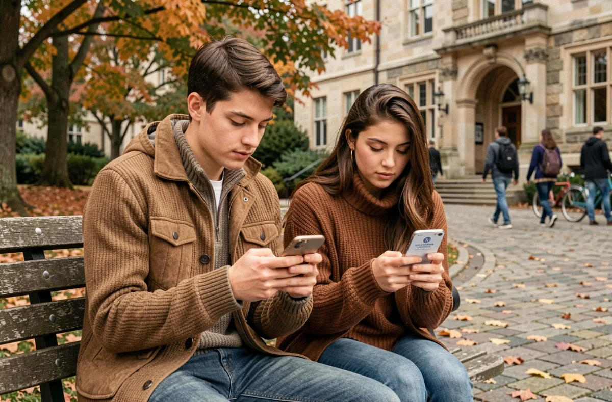 Deux étudiants consultant leur messagerie universitaire Zimbra sur smartphone dans le campus en automne
