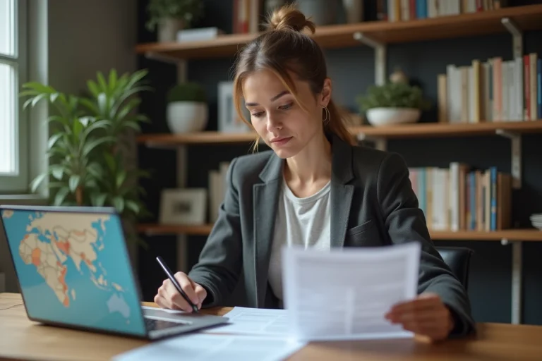 Expatriée française étudiant des documents d'assurance santé internationale à son bureau à domicile