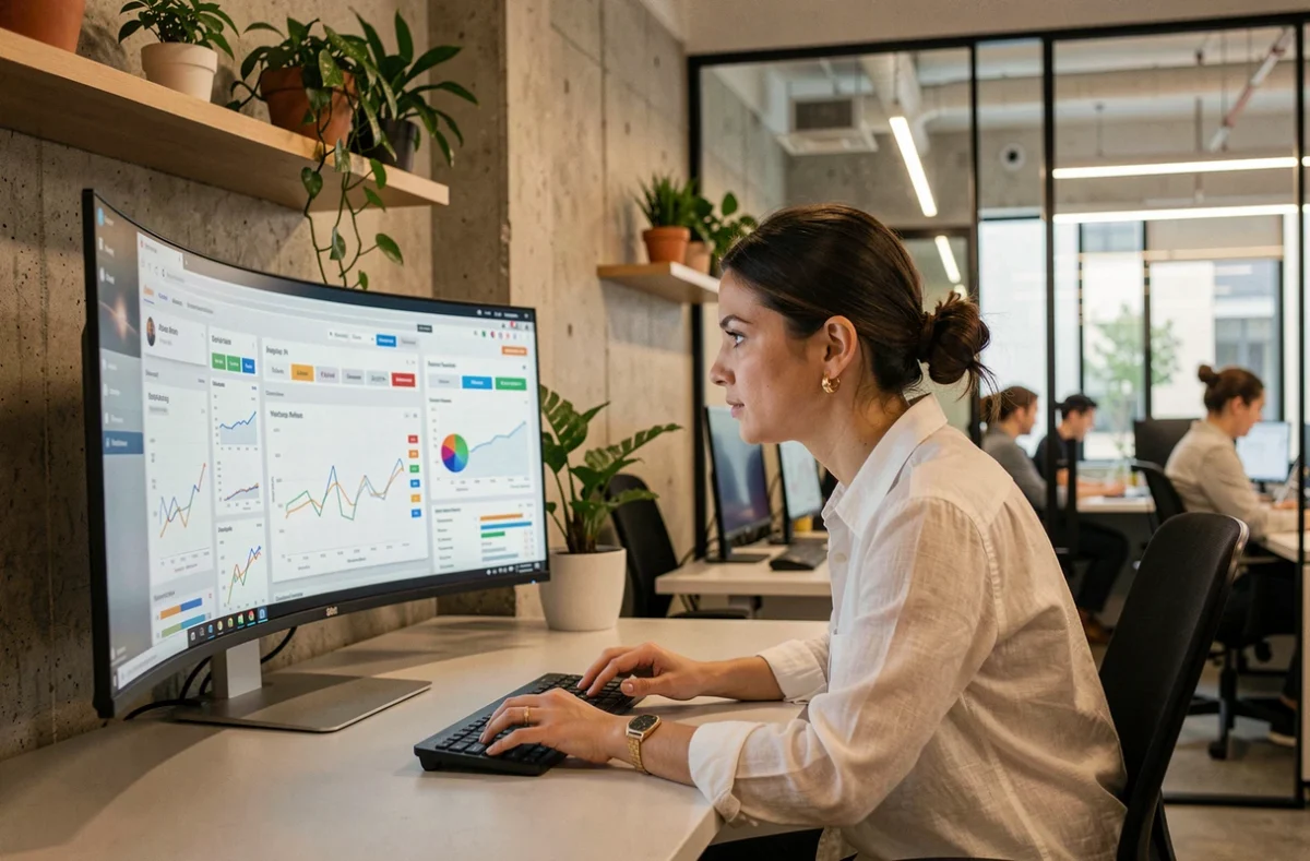 Femme professionnelle analysant des tendances web sur un écran ultra-large dans un bureau moderne