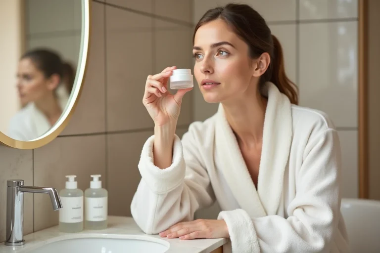 Femme appliquant une crème hydratante recommandée par un dermatologue devant un miroir de salle de bain