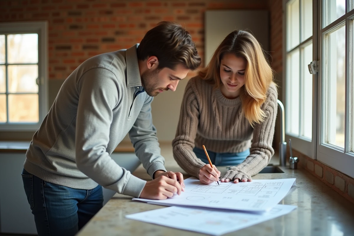 Jeune femme consulte des plans dans une cuisine en renovation