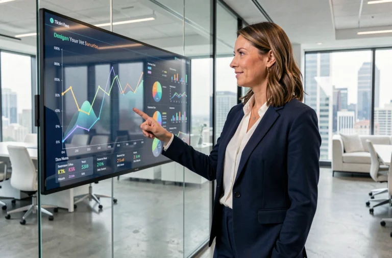 Femme cadre en blazer marine présentant des indicateurs de performance sur un écran numérique dans une salle de réunion moderne