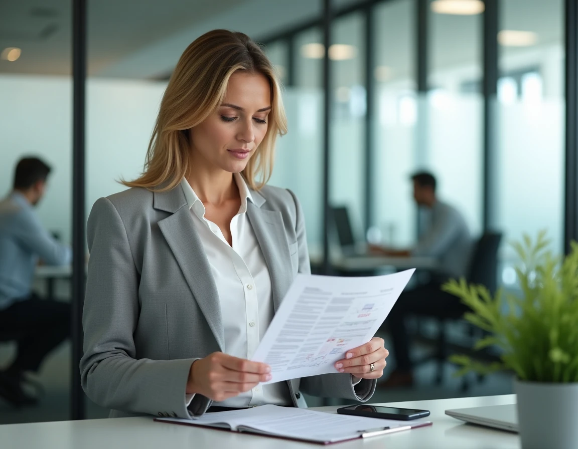 Femme cadre en entreprise consultant un rapport financier sur les investissements programmés en bourse
