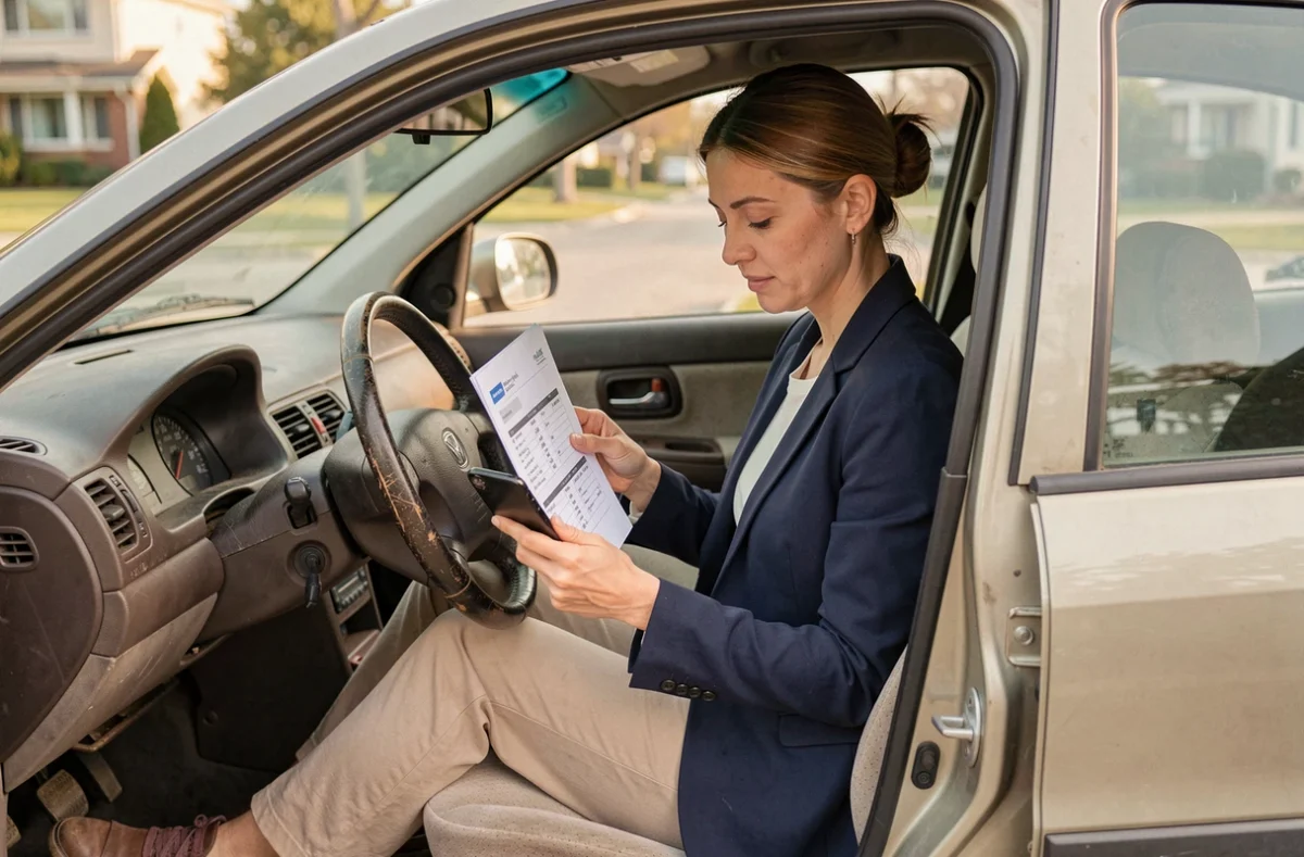 Une femme consulte l'historique d'un véhicule d'occasion avant de prendre sa décision d'achat