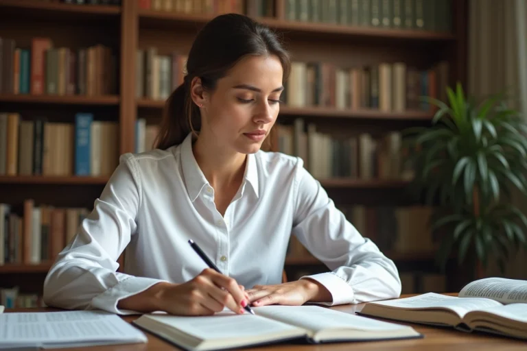 Femme concentrée corrigeant une faute d'orthographe dans un cahier ouvert sur un bureau entouré de livres de grammaire française