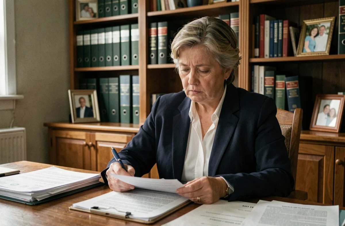 Femme d'âge mûr consultant des documents administratifs liés à une succession et au CPF d'un proche décédé