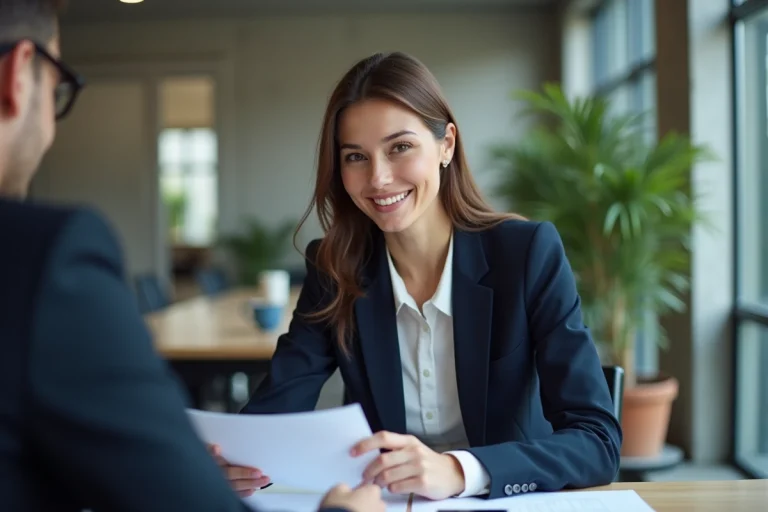 Femme en entretien d'embauche dans un bureau moderne, tendances marché de l'emploi