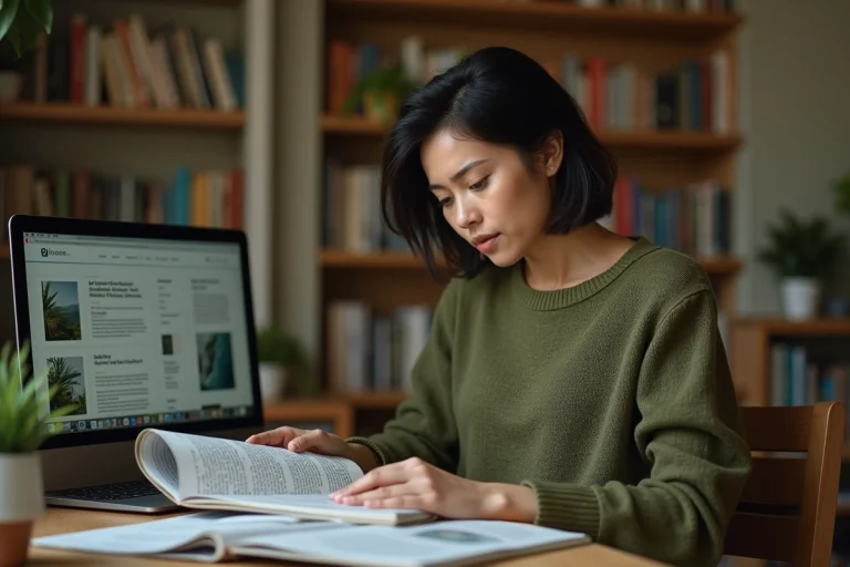 Femme explorant des ressources scientifiques et articles de biologie sur un bureau en bois avec magazines et ordinateur portable