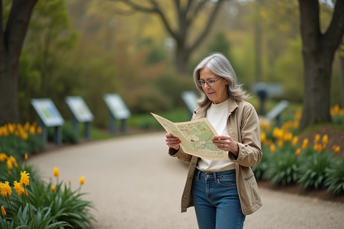 Femme d'âge moyen dans un jardin botanique étudie une carte