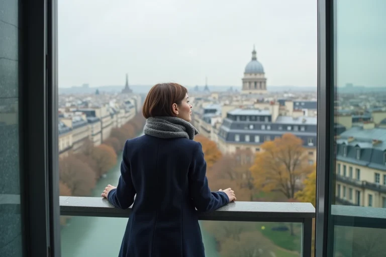 Jeune femme regardant la skyline de Paris depuis un rooftop