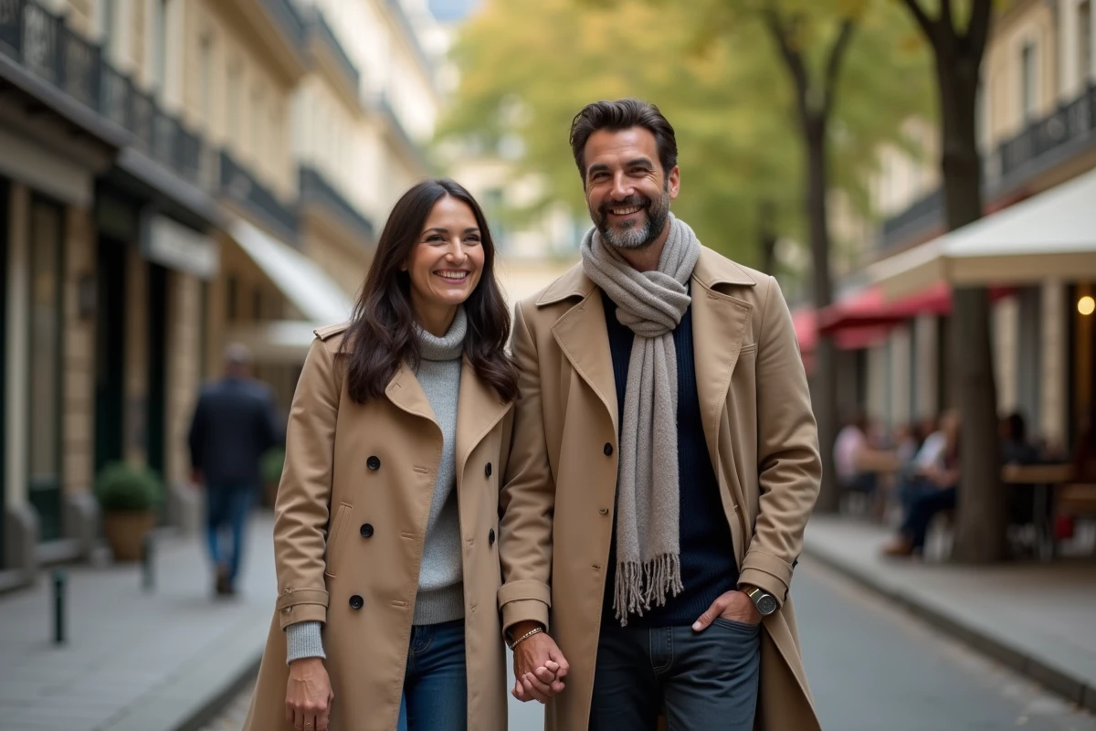Femme souriante marche avec Éric Emmanuel Schmitt dans Paris