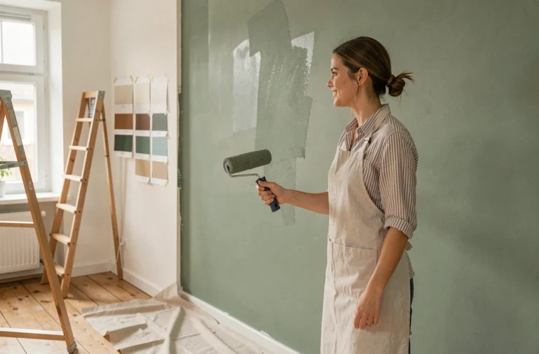 Femme appliquant de la peinture vert sauge sur un mur de salon style scandinave pour décorer sa maison