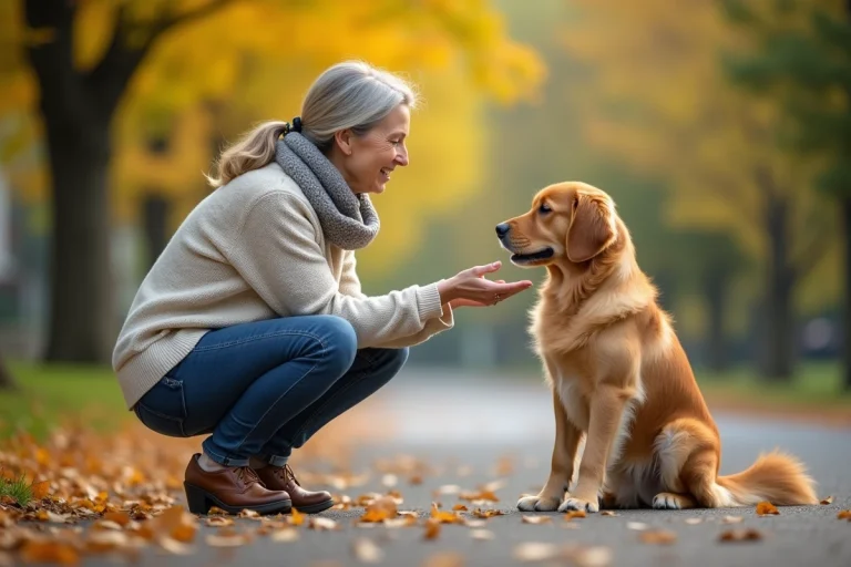 Femme assise avec son retriever dans un parc verdoyant