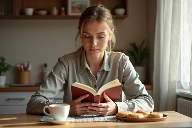 Femme russe lisant un livre sur les relations dans une cuisine moderne