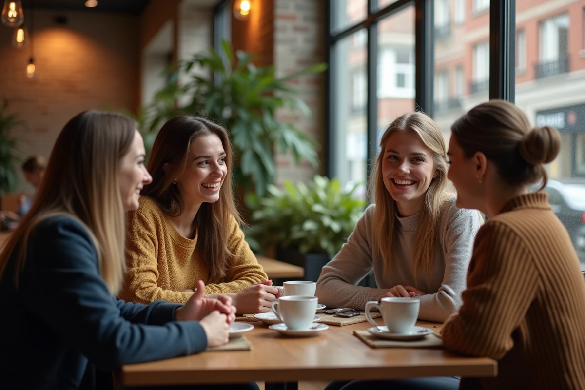 Groupe de femmes russes discutant dans un café urbain chaleureux