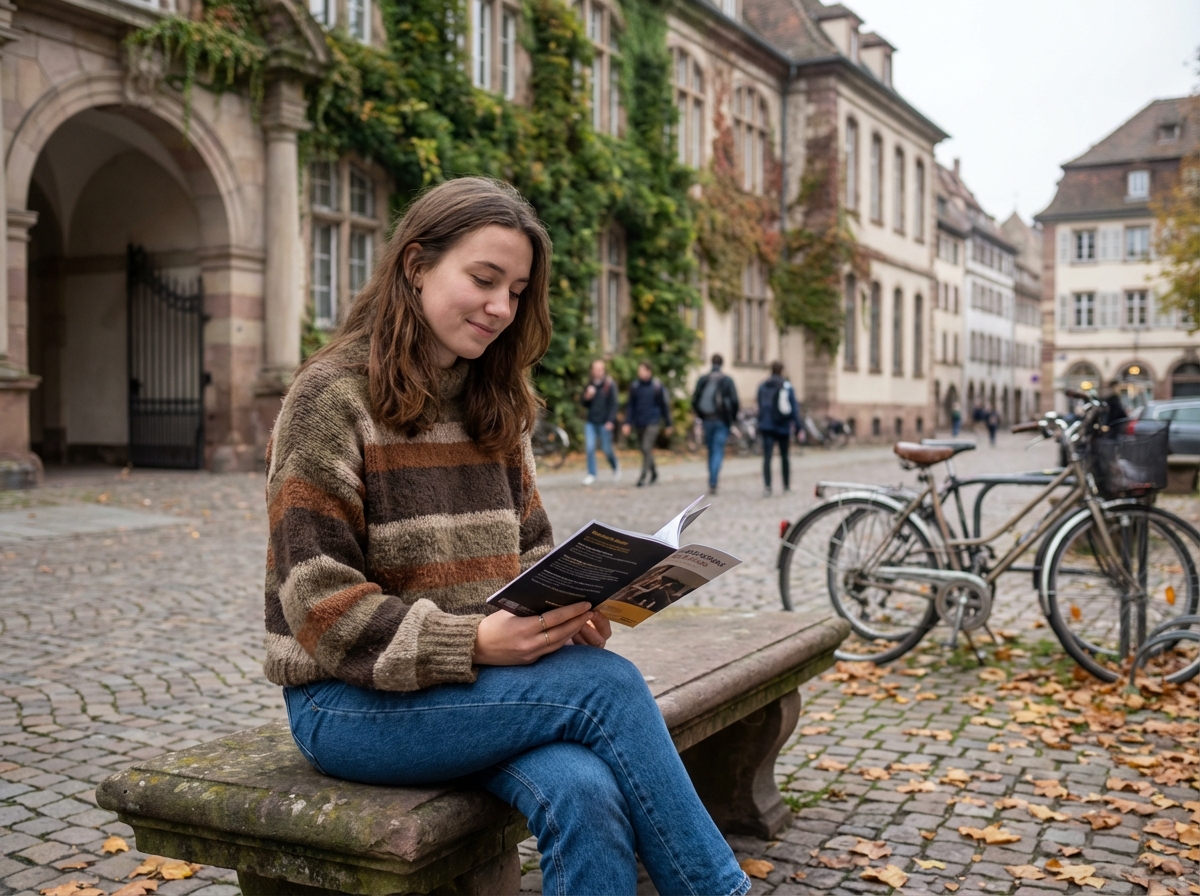 Jeune femme lisant brochure de film devant universite Strasbourg